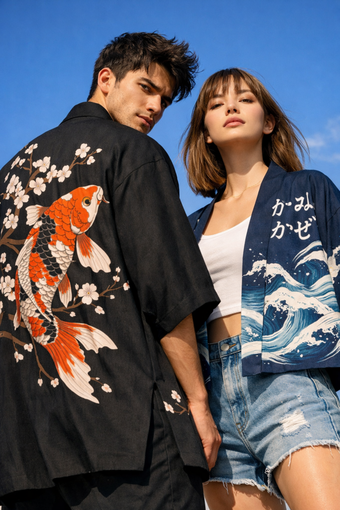 Fotografía editorial de moda de dos modelos (hombre y mujer) posando espalda con espalda bajo un cielo despejado. Ángulo de cámara contrapicado (low-angle shot) para una estética heroica y urbana.