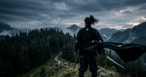 Imagen de Miyamoto Musashi sobre una colina, portando un Haori Largo Tradicional Japones